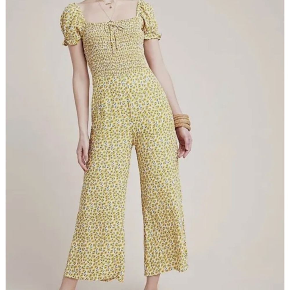 Faithful The Brand Yellow Floral Jumpsuit Short Sleeve 2 Ankle Summer Wide Leg